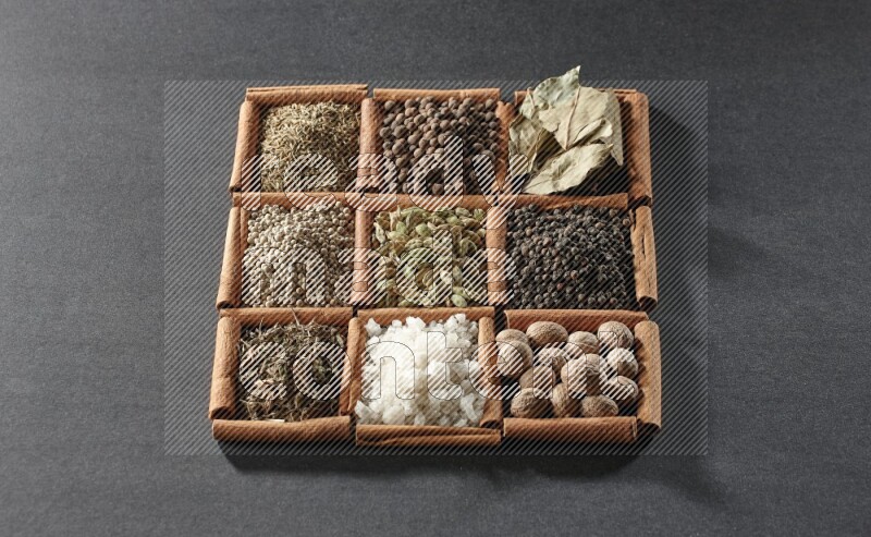 9 مربعات من أعواد القرفة ممتلئة بالهيل في المنتصف محاطة بجوزة الطيب والفلفل الأسود وورق الغار والبهارات والكمون والفلفل الأبيض والريحان المجفف والملح على أرضية سوداء