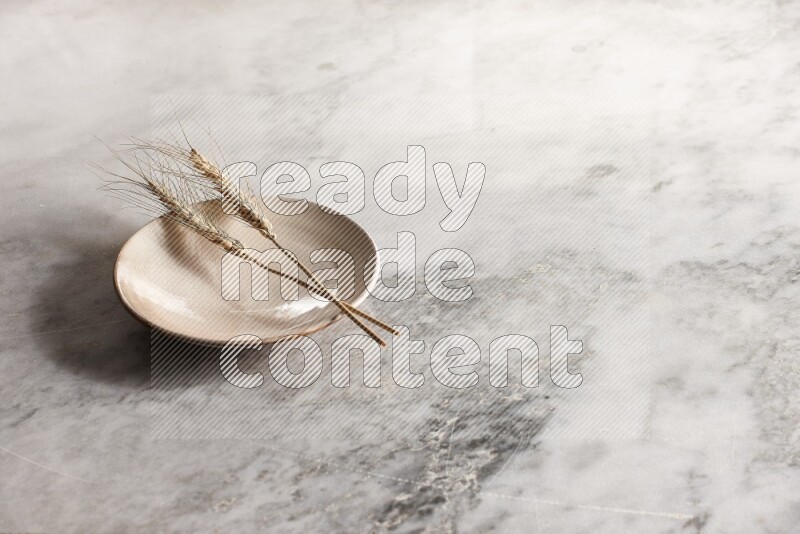 Wheat stalks on Beige Pottery Plate on grey marble flooring, 45 degree angel