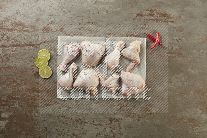 Mixed fresh chicken pieces on a parchment paper direct on a textured rustic background