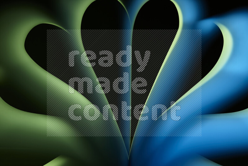 An abstract art piece displaying smooth curves in blue and green gradients created by colored light