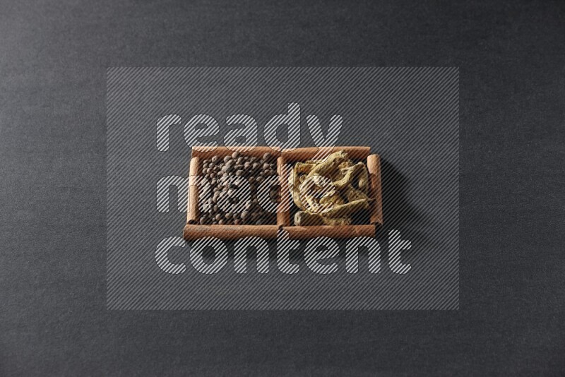 مربعان من أعواد القرفة ممتلئان ببهار الفلفل الحلو وأصابع الكركم علي خلفية سوداء