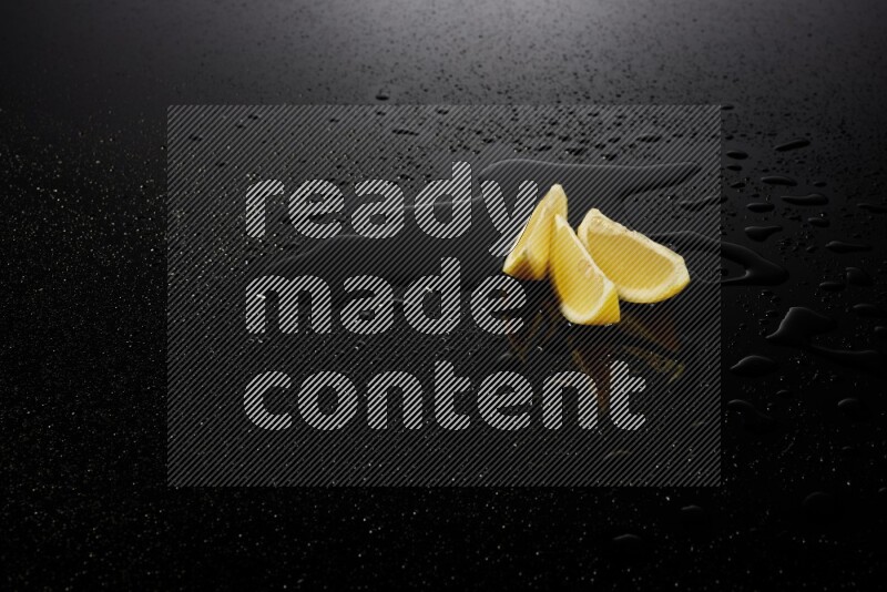 Lemon wedges with water drops, and droplets on black background
