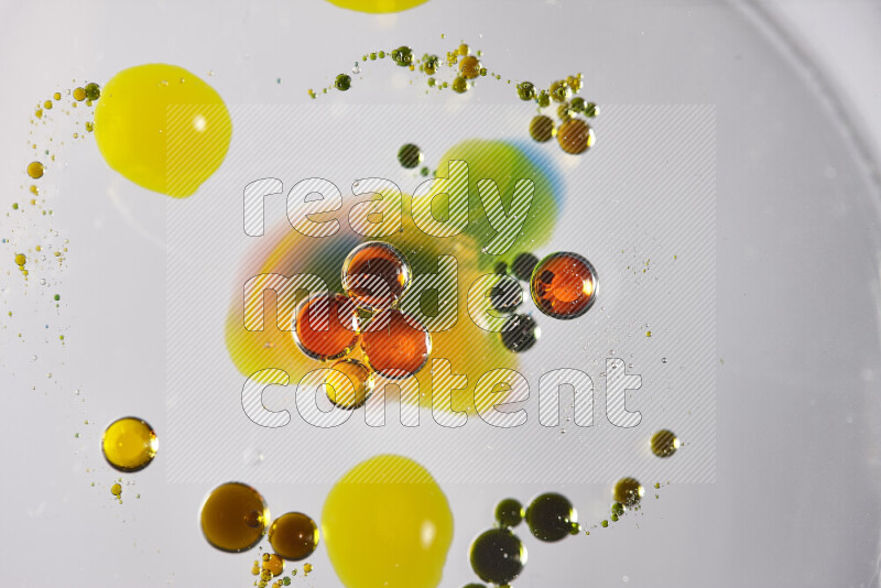 Close-ups of abstract red, blue, yellow and green watercolor drops on oil Surface on white background