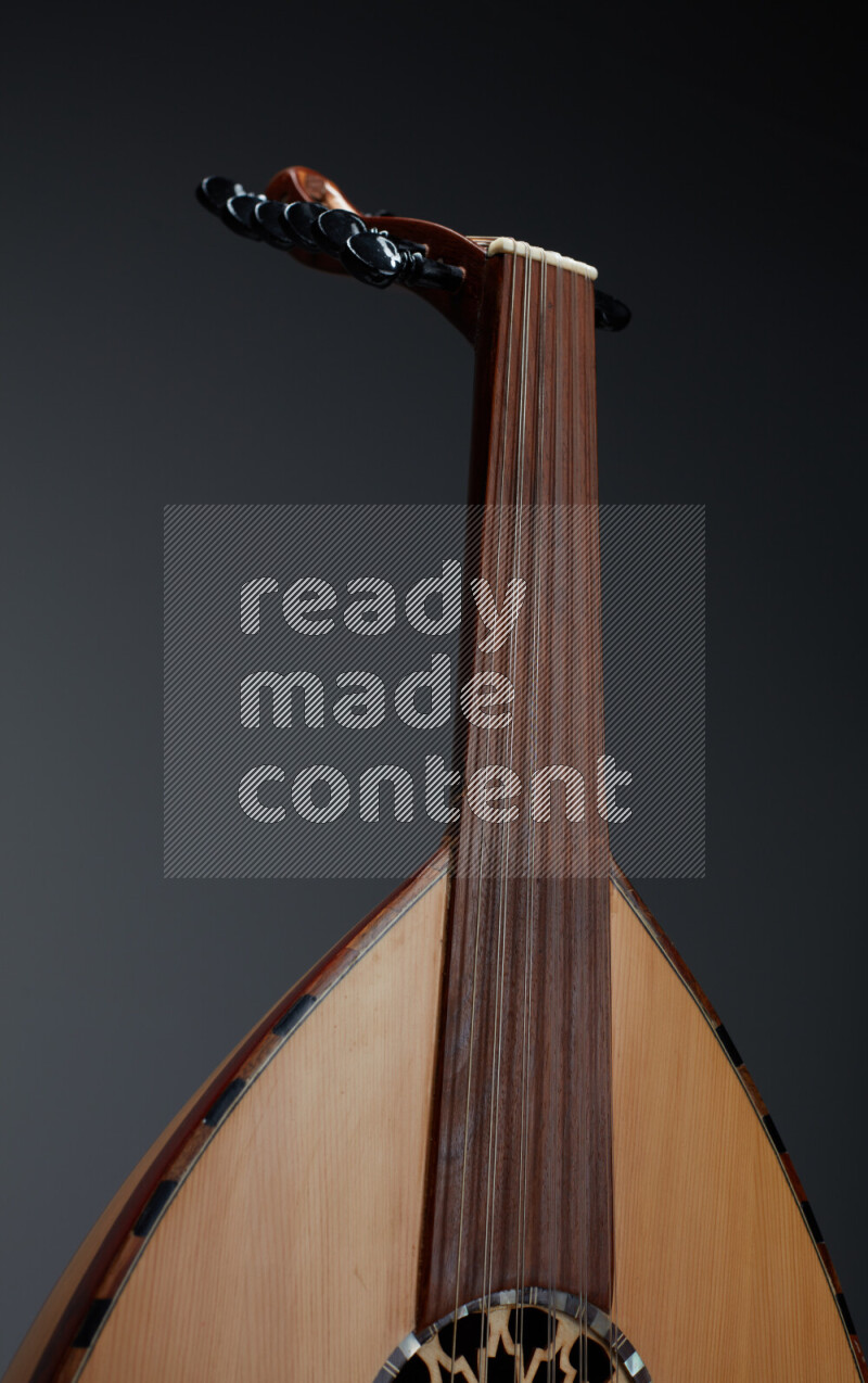 parts of a brown wooden Oud in a gray background