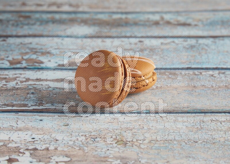 45º Shot of of two assorted Brown Irish Cream, and Brown Coffee macarons on light blue background
