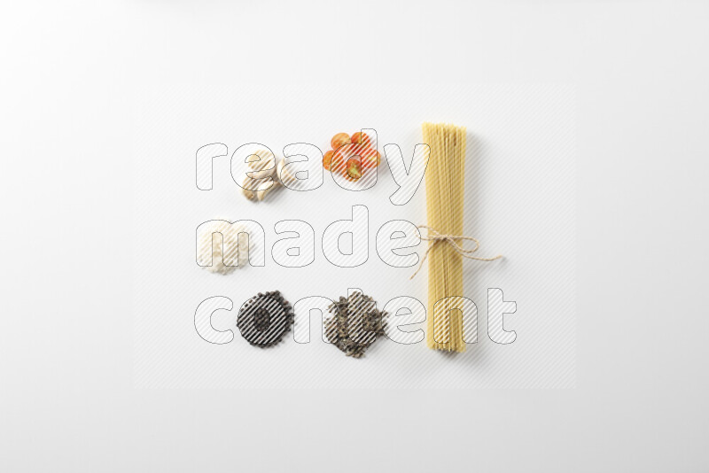 Red sauce pasta recipes ingredients on white background