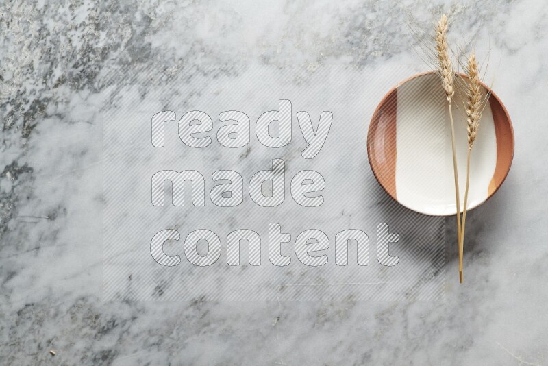Wheat stalks on multicolored pottery plate on grey marble background