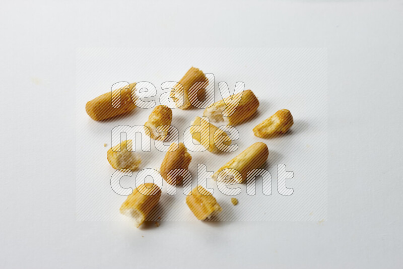 Assorted snacks on white background