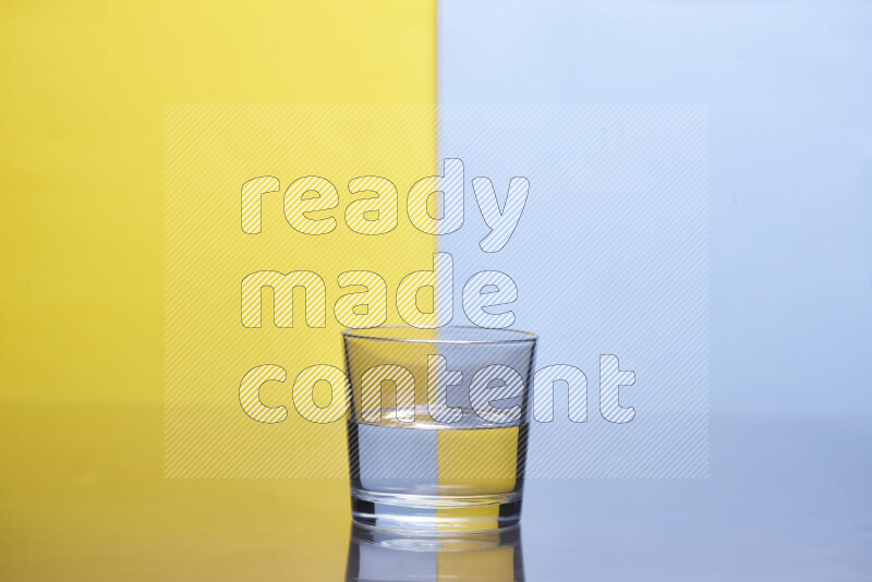 The image features a clear glassware filled with water, set against yellow and light blue background