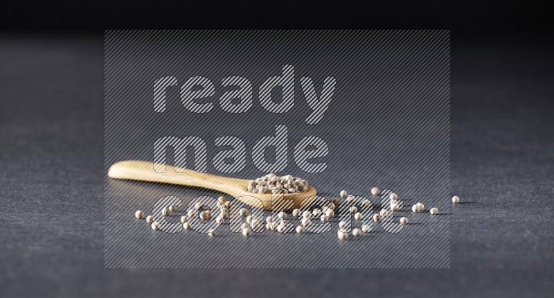 A wooden spoon full of white pepper beads on black flooring