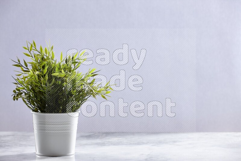Green artificial plant in white pot on grey marble background