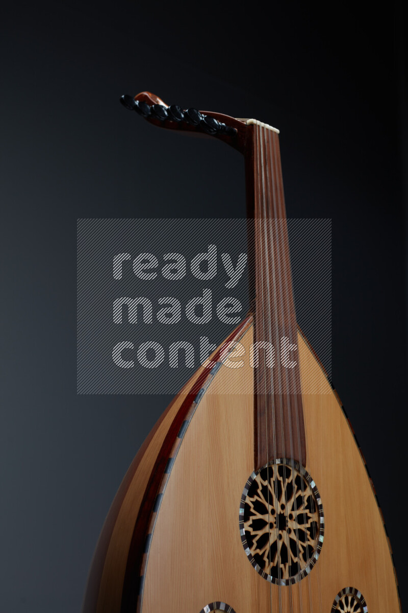 parts of a brown wooden Oud in a gray background