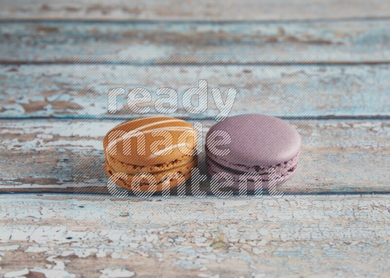 45º Shot of of two assorted Brown Irish Cream, and Purple Blueberry macarons  on light blue background