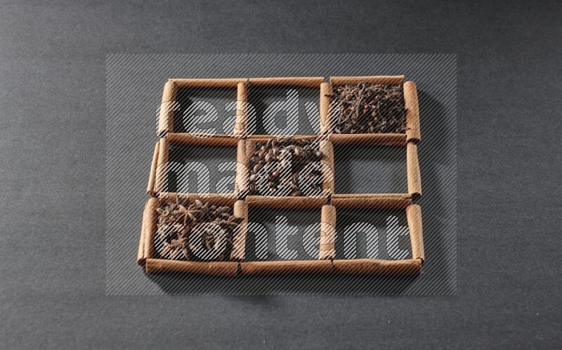 9 squares of cinnamon sticks full of coffee beans in the middle surrounded by nutmeg, dried mint, cloves, dried basil, dried ginger, cinnamon, star anise and cardamom on black flooring