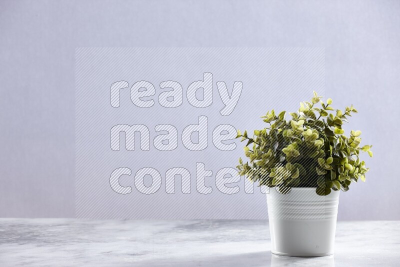Green artificial plant in white pot on grey marble background