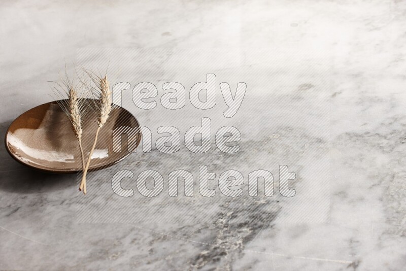 Wheat stalks on multicolored pottery plate on grey marble background