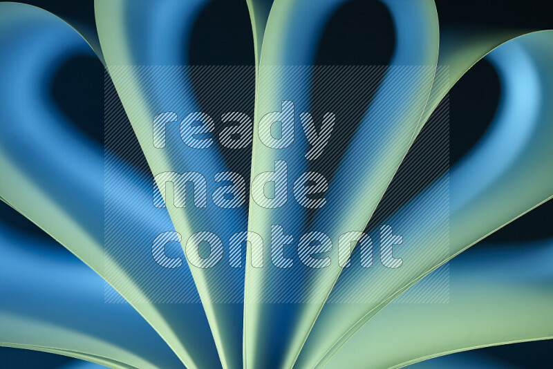 An abstract art piece displaying smooth curves in blue and green gradients created by colored light