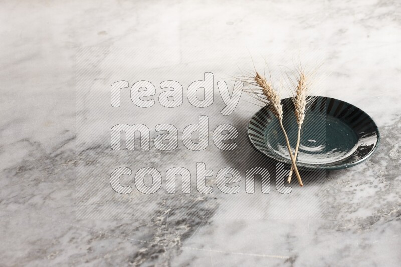 Wheat stalks on multicolored pottery plate on grey marble background