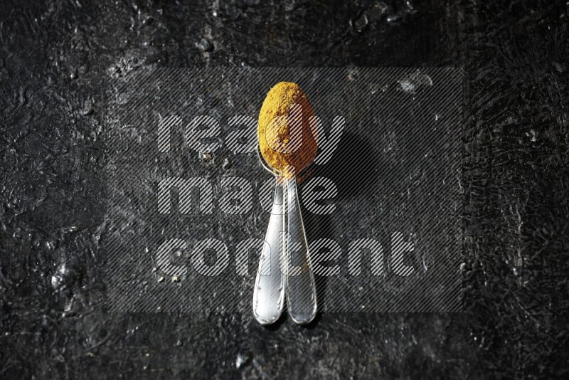 2 metal spoons full of turmeric powder on a textured black background