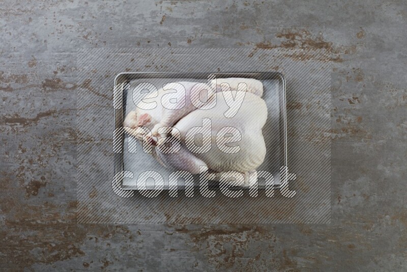 whole Raw chicken on a small oven trey direct on a rustic grey background
