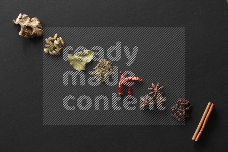 Cinnamon, cloves, star anise, chilis, cumin, laurel leaves bay, cardamom and ginger lined on a black background