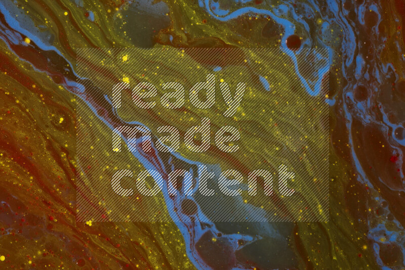 The image depicts a marbling effect with swirling patterns of red, blue and yellow