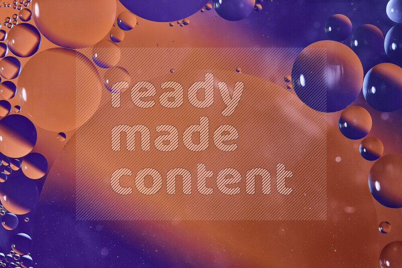 Close-ups of abstract oil bubbles on water surface in shades of orange and purple